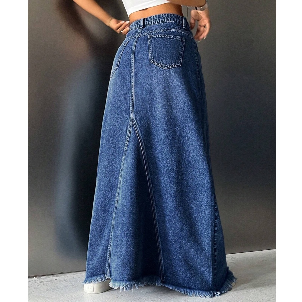 Boho medium wash Raw hem Jean Denim Pockets Maxi Skirt - Picture 3 of 5